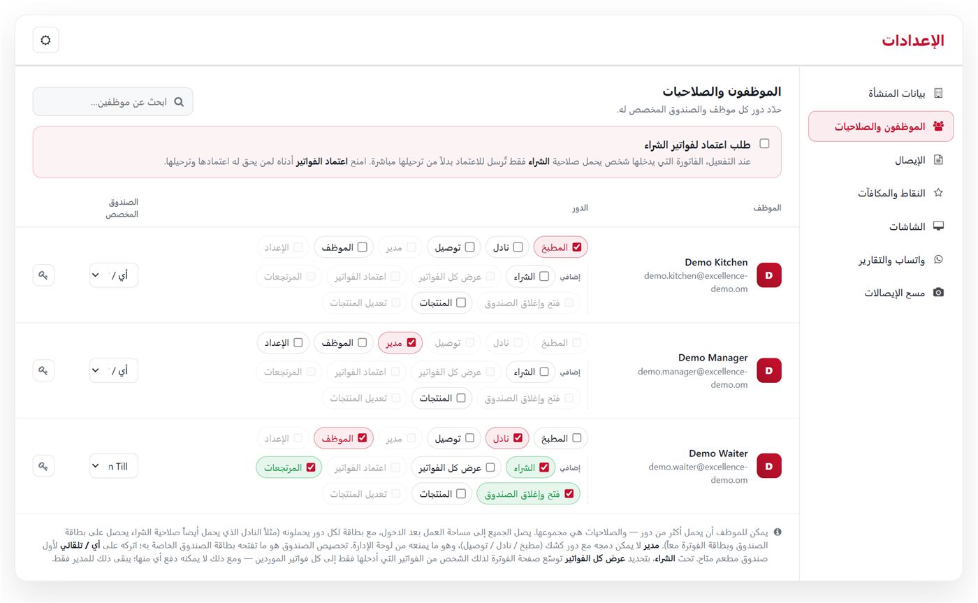 شاشة الموظفين والصلاحيات تعرض الأدوار والإضافات