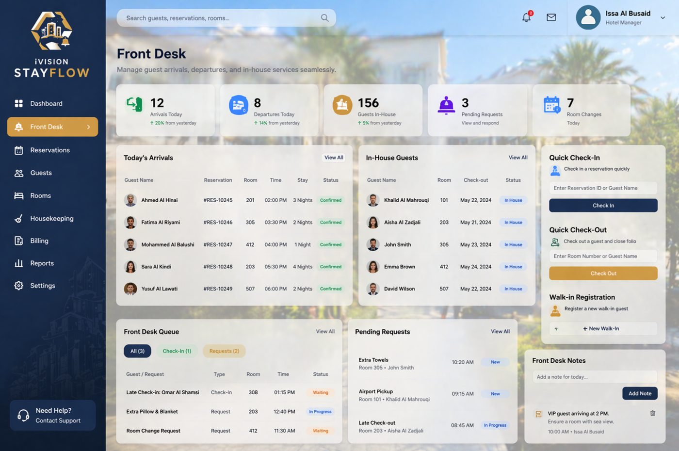 StayFlow front desk screen with arrivals and departures
